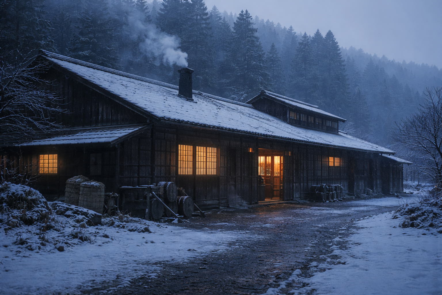 冬の朝の空気に包まれた酒蔵の外観