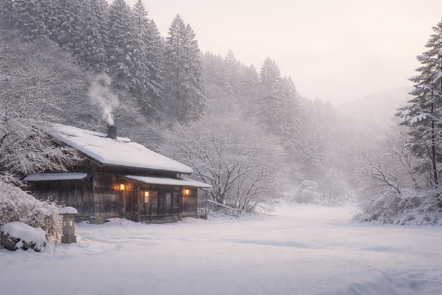 雪の中に静かに建つ木造の家